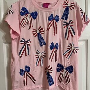 QUEEN OF SPARKLES Pink Tee with Patriotic Bow Design
